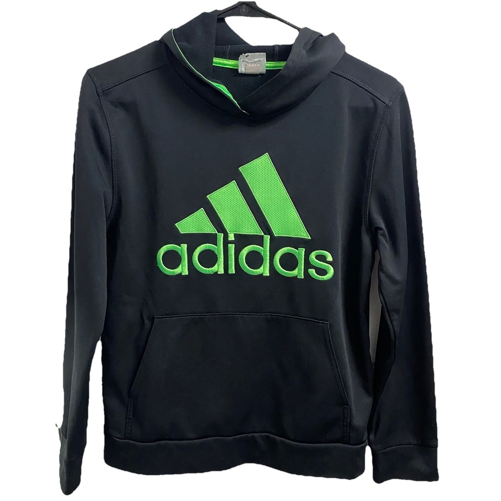 Adidas Youth Pullover Black/Green Spell out Hoodie‎ Size 12-14 L=24,C=36,S=22.5"